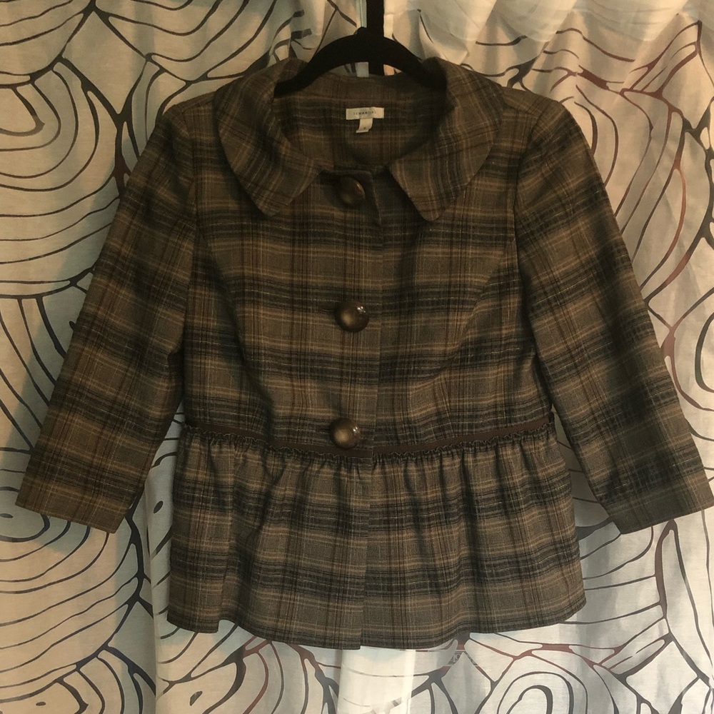 Peplum 3/4 sleeve brown plaid short blazer